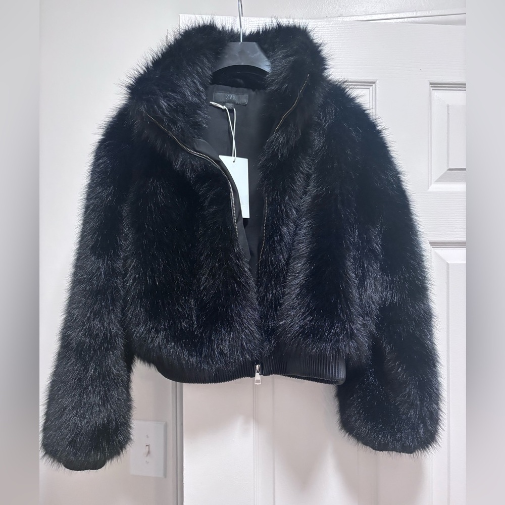 Zara Black Faux Fur Teddy Bomber Jacket - Picture 1 of 10